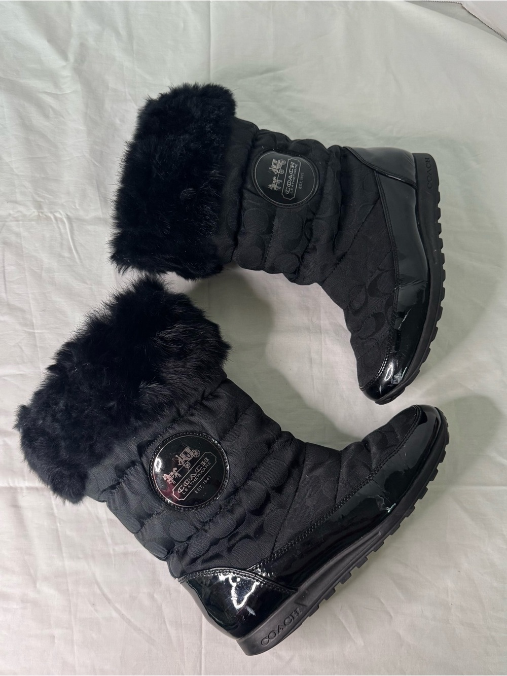Coach Black Quilted Faux-Fur Trim Winter Boots 8
